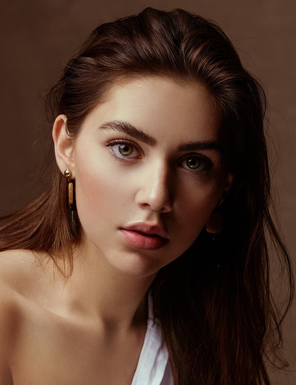 Vrouwelijk model bruin haar merel k.