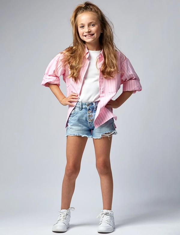 Kinderlijk model met bruin haar en blauw-groene ogen Liz.